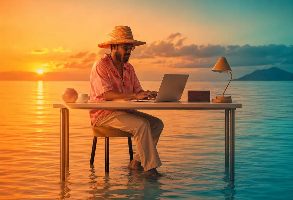 Alex du Pasquier travaillant sur un projet web au bord de l’eau pour The Shine Studio