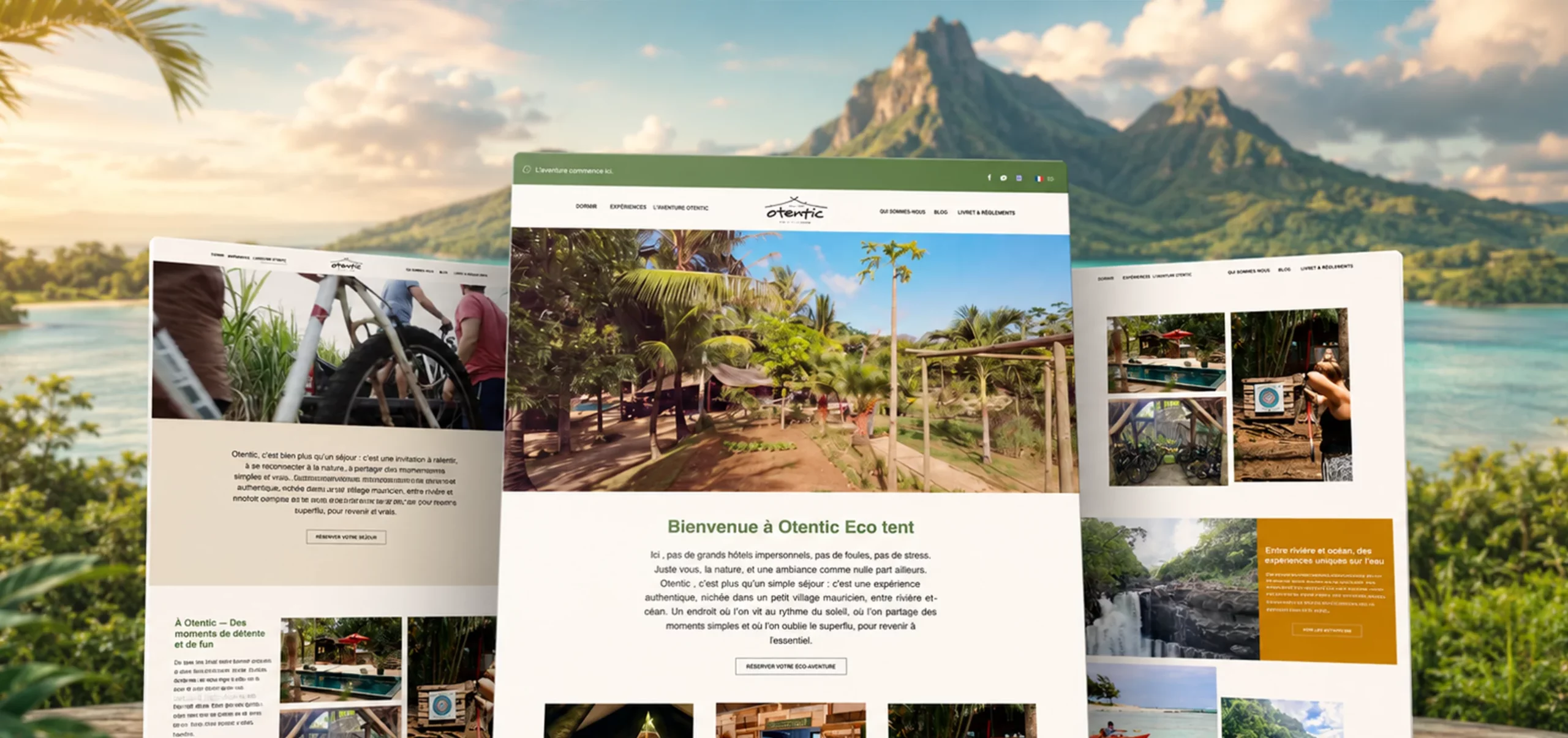 Réalisation du site internet Otentic Eco Tent à l’île Maurice avec trois écrans de présentation devant un paysage tropical