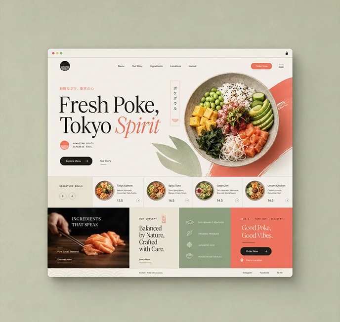 Maquette premium de site internet pour restaurant poke bowl, design moderne et minimaliste créé par The Shine Studio.