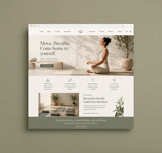 Maquette de site internet pour une professeure de yoga réalisée par The Shine Studio avec le pack Shine Start