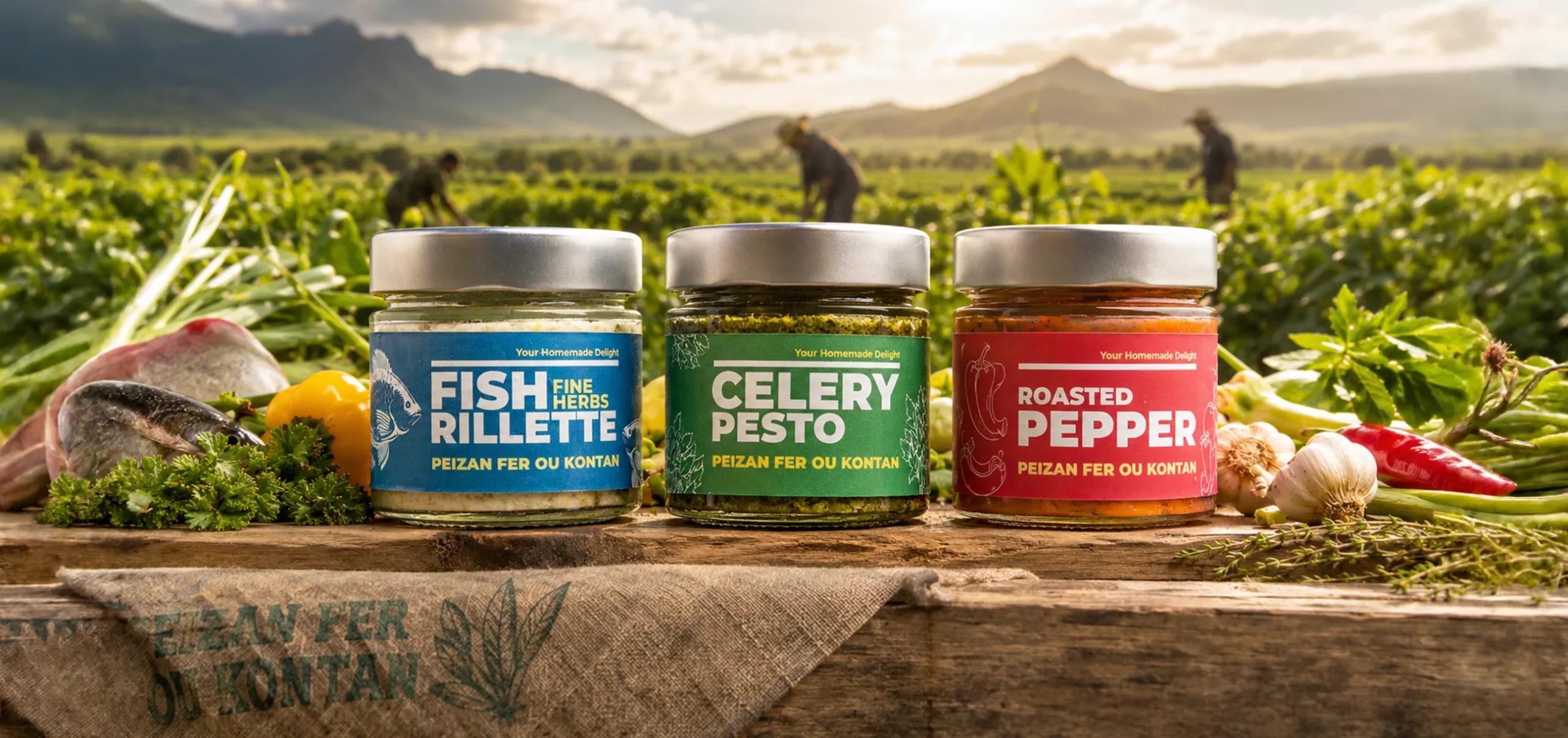 Packaging Peizan Apéro Box avec produits artisanaux mauriciens présenté dans un champ à l’île Maurice