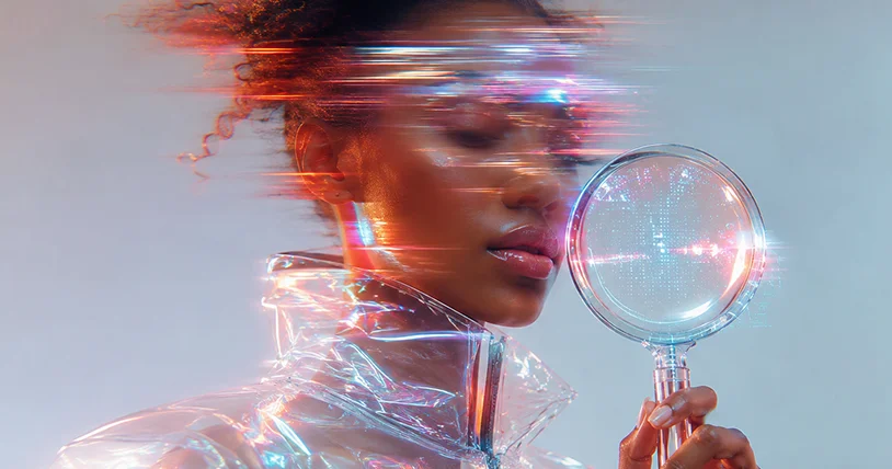 Femme métisse avec une loupe digitale illustrant le SEO et la visibilité Google par The Shine Studio