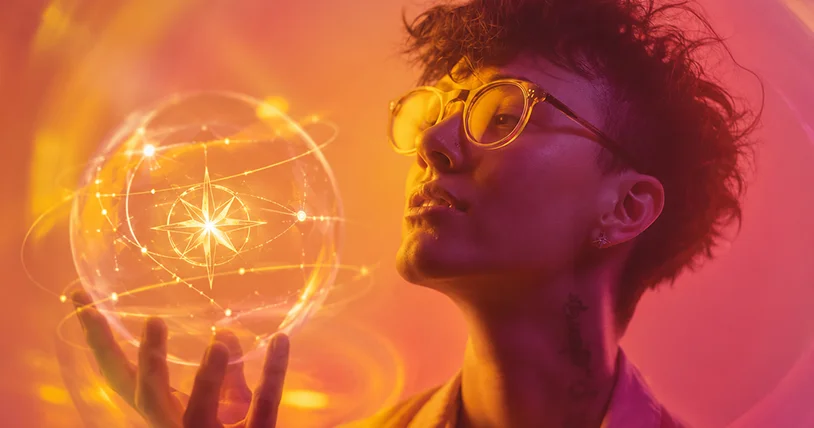 Personne métisse tenant une sphère lumineuse illustrant la stratégie digitale et la vision de marque par The Shine Studio